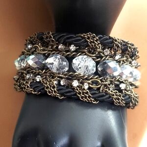 Vintage Bronze Rhinestone Crystal Silk Rope Chain Link Expansion Bracelet